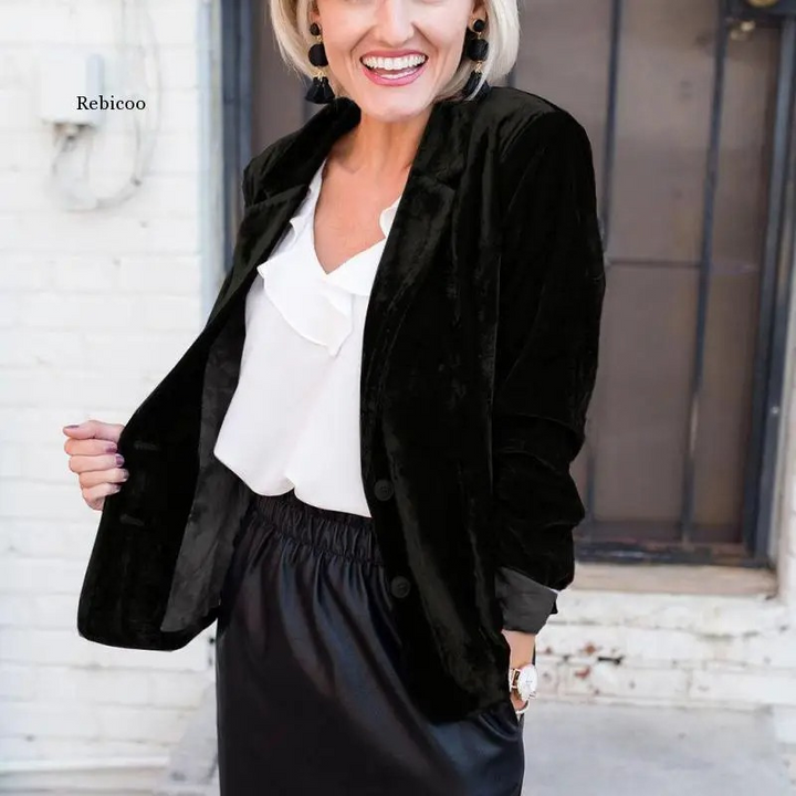 Black velvet women's jacket. Luxurious long sleeve blazer. Chic outerwear for formal events.