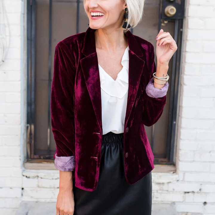 Women's elegant velvet blazer jacket. Long sleeve chic outerwear, perfect for formal fashion.