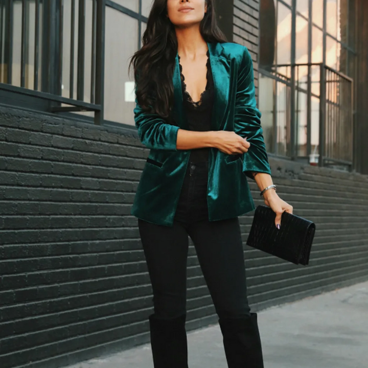 Women's stylish black velvet jacket. Elegant long sleeve blazer for formal fashion & office wear.