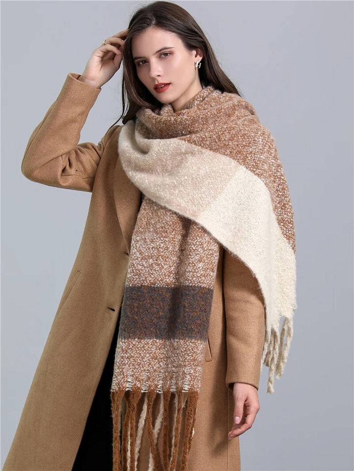 Classic plaid cashmere scarf for women, a stylish and warm winter fashion accessory.