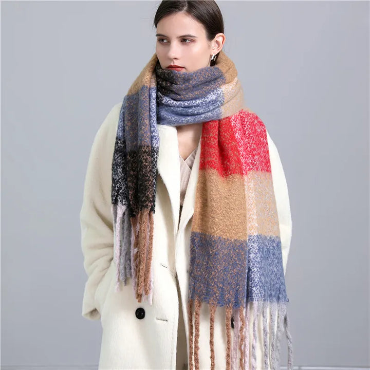 Warm women's cashmere plaid scarf, a soft and cozy accessory for cold weather fashion.