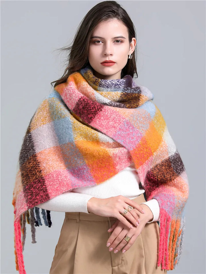 Luxurious women's plaid cashmere scarf, providing warmth and a chic look for cold weather.