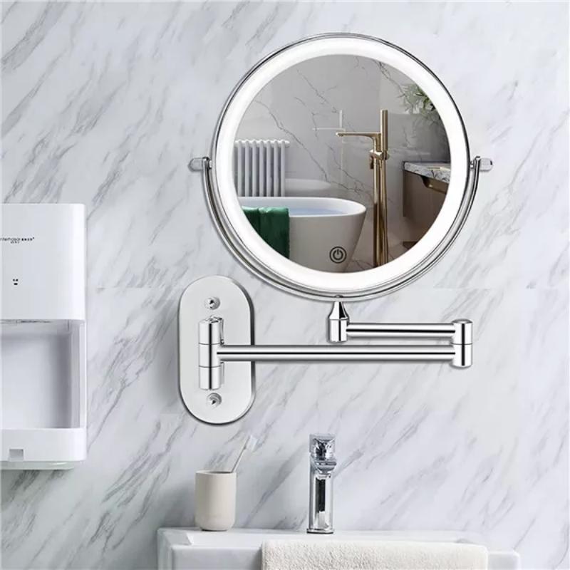 Women's magnified LED makeup mirror with adjustable light for precise cosmetic application. Rechargeable vanity.