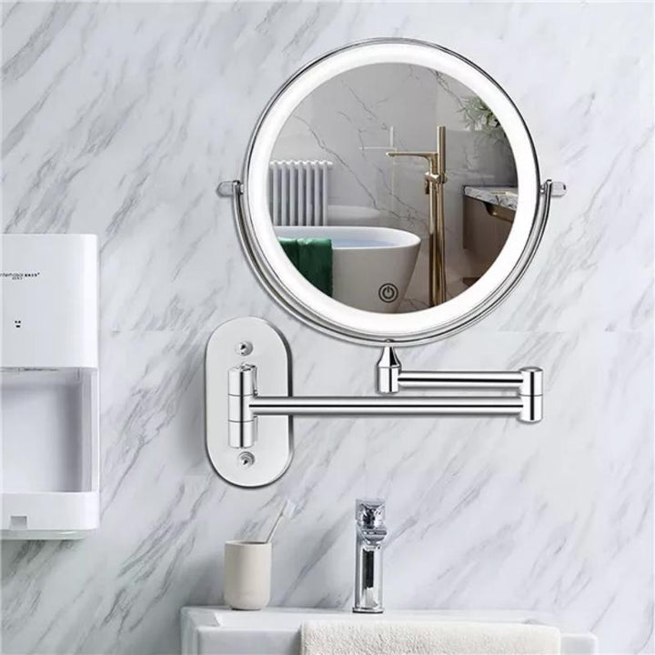 Women's magnified LED makeup mirror with adjustable light for precise cosmetic application. Rechargeable vanity.