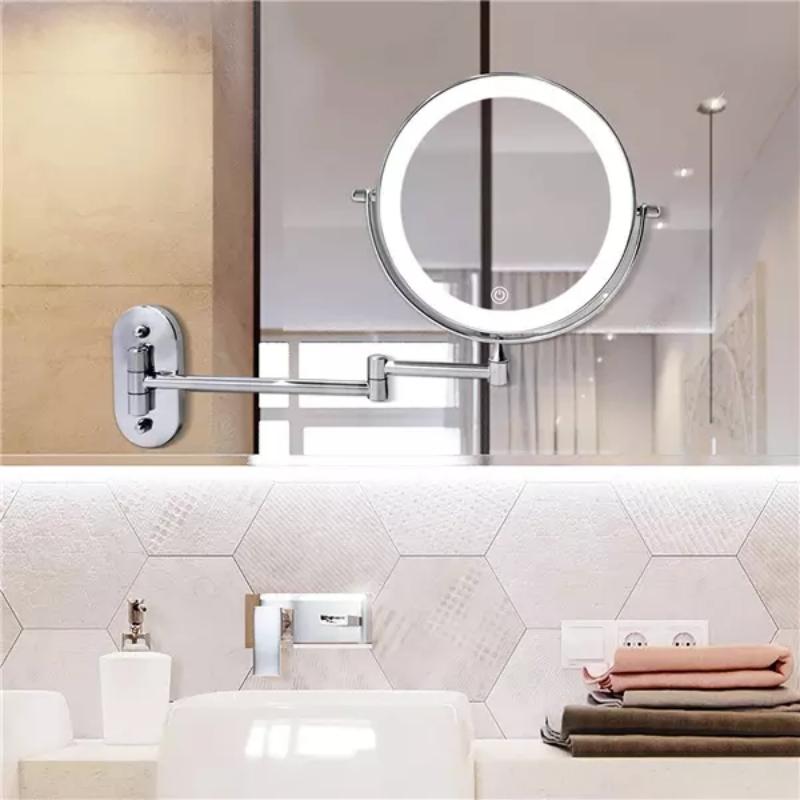 Close-up of a women's LED makeup mirror showing magnified reflection for detailed beauty and cosmetic tasks.