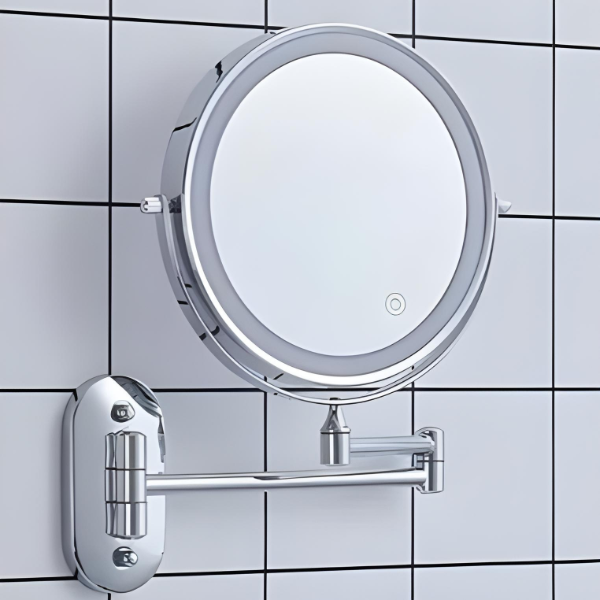 Rechargeable, portable LED magnifying makeup mirror for women's beauty. Ideal for travel & home vanity decor.