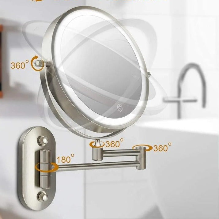 Sleek white LED vanity mirror for women's makeup. Magnified and illuminated, a stylish addition to any home decor.