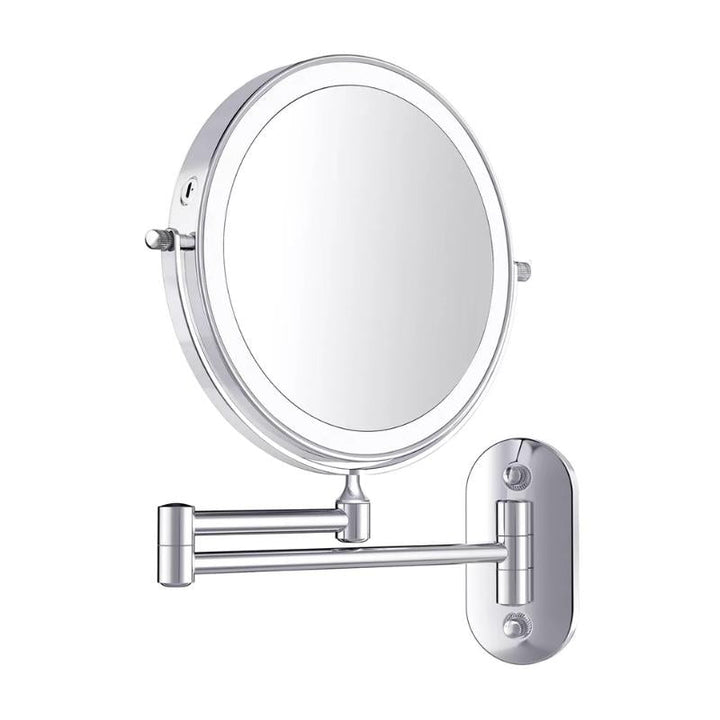 Woman using a magnified LED makeup mirror with adjustable light, achieving flawless cosmetic application effortlessly.