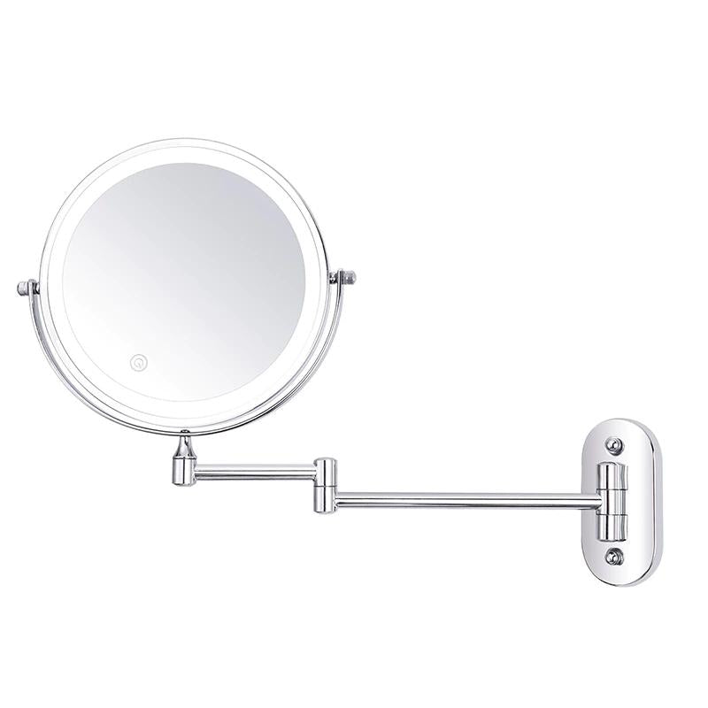 Full view of women's illuminated LED makeup mirror with magnifying power & adjustable light. Perfect for beauty vanity.