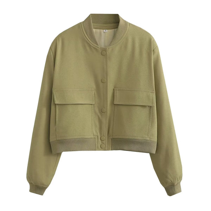 Fashionable women's cropped bomber jacket. A modern outerwear piece for streetwear & fall style.