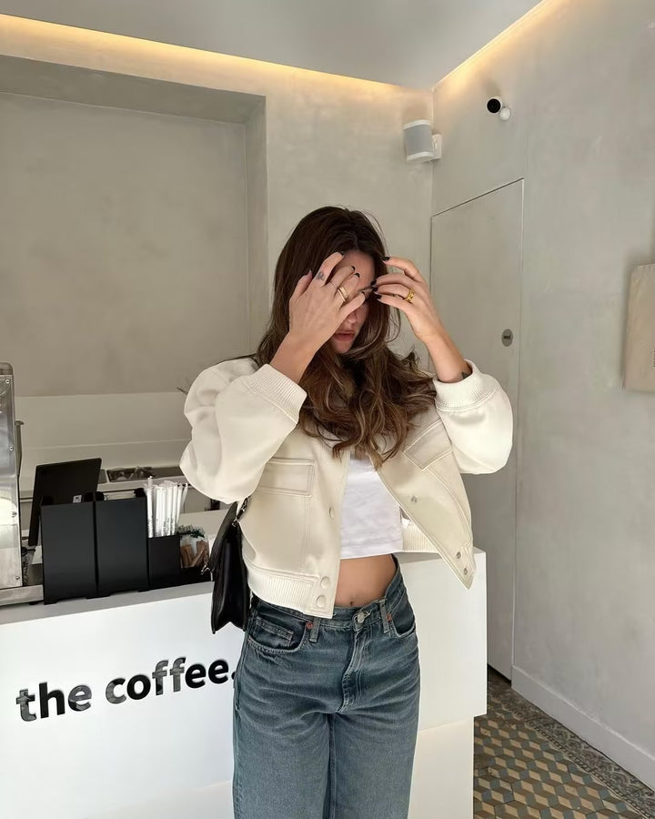 Stylish women's cropped bomber jacket. Ideal outerwear for casual wear, fall & winter fashion.