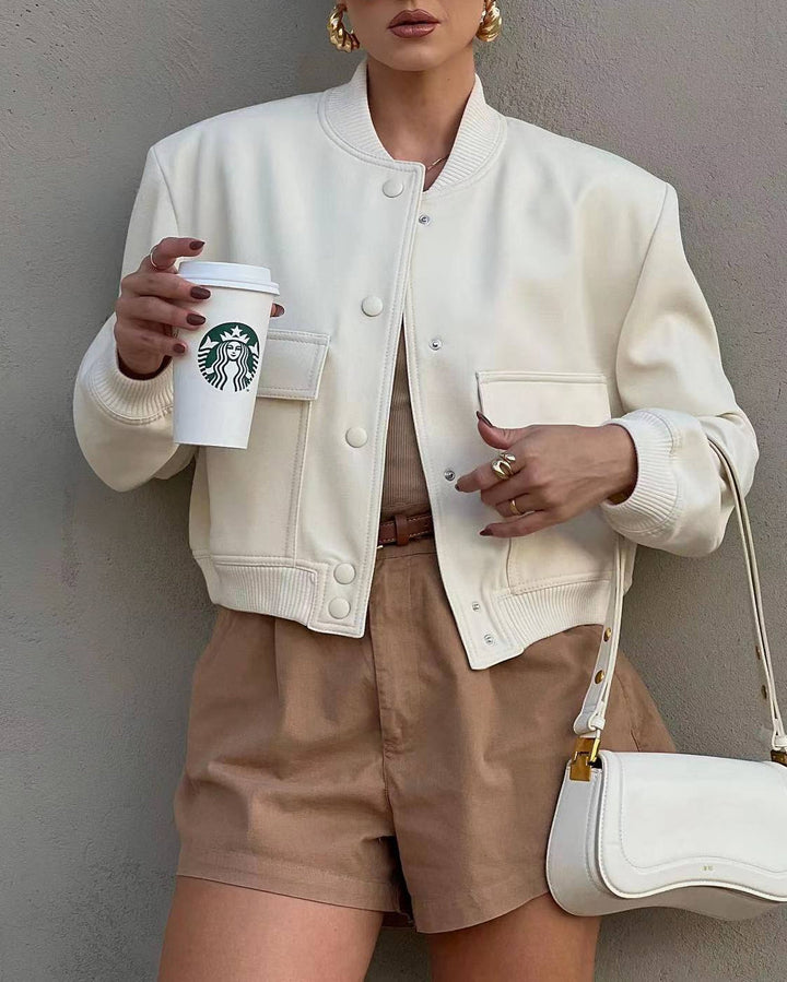 Chic women's cropped bomber jacket. A key piece for modern fashion, streetwear & cool weather.