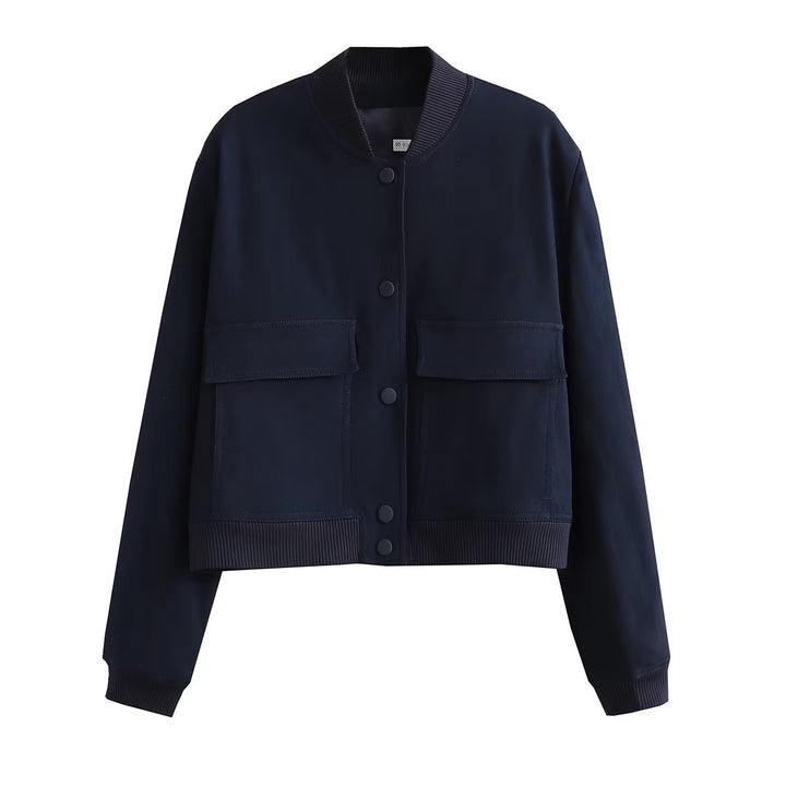 Modern women's cropped bomber jacket. Stylish outerwear, great for layering in fall & winter fashion.