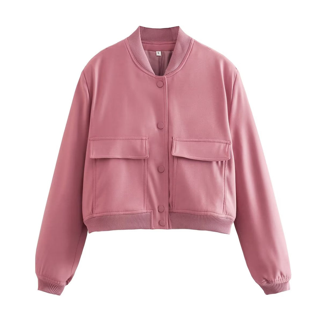 Streetwear-ready women's cropped bomber jacket. Versatile outerwear for a trendy fall look.