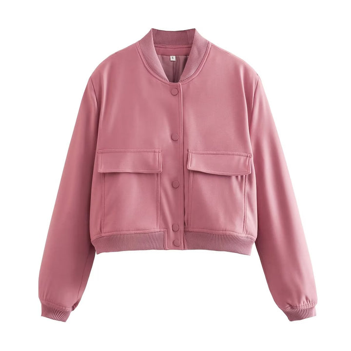 Streetwear-ready women's cropped bomber jacket. Versatile outerwear for a trendy fall look.