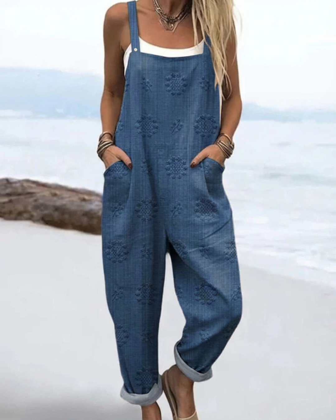 Women's Meadow Glow floral print wide-leg jumpsuit, perfect for elegant summer casual wear & warm weather comfort.