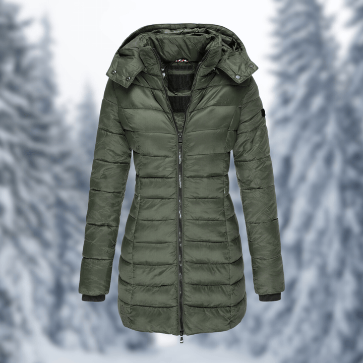Women's mid-length winter coat with a cozy detachable hood, perfect for cold weather and seasonal attire.