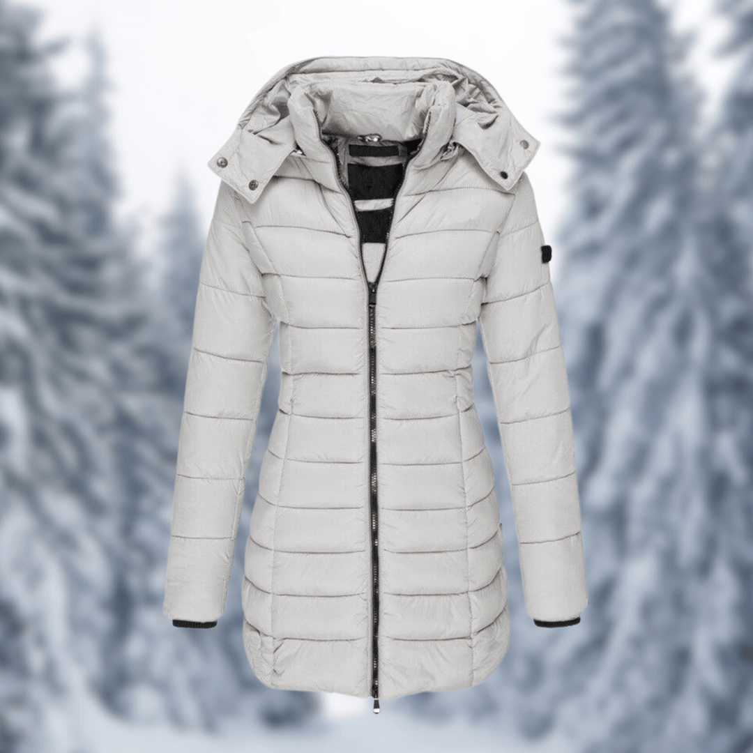 Stylish women's mid-length winter coat, a warm polyester jacket with a versatile detachable hood.