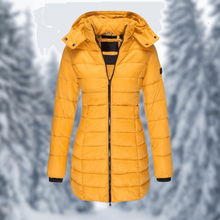 Warm women's winter coat, a mid-length jacket designed for ultimate cold weather protection and comfort.