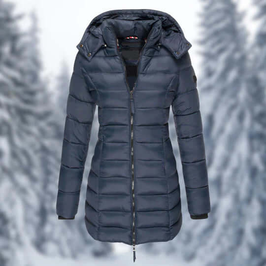 Ladies' fashionable mid-length winter coat with detachable hood, ideal outerwear for chilly weather.