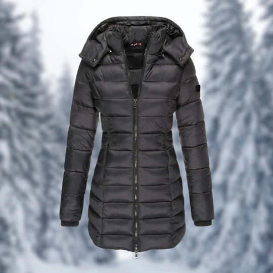 Polyester women's outerwear: a warm mid-length winter coat featuring a functional detachable hood.