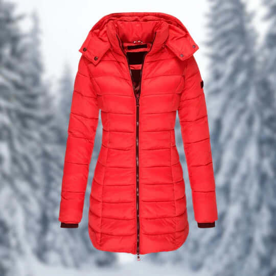 Elegant women's mid-length winter jacket with a removable hood, offering warmth and style in cold weather.