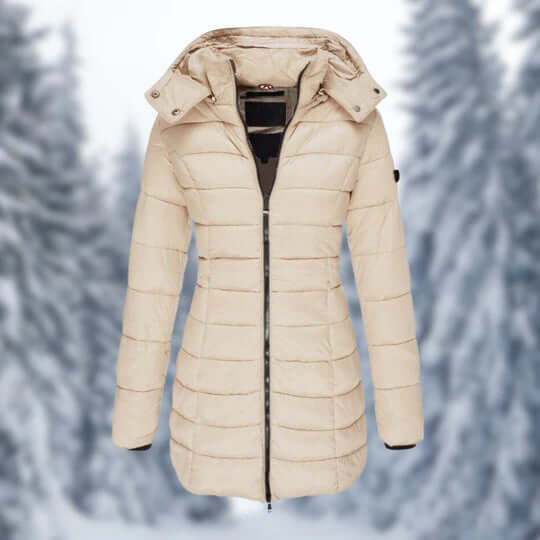 Comfortable women's mid-length winter coat, a must-have cold weather jacket with a practical detachable hood.