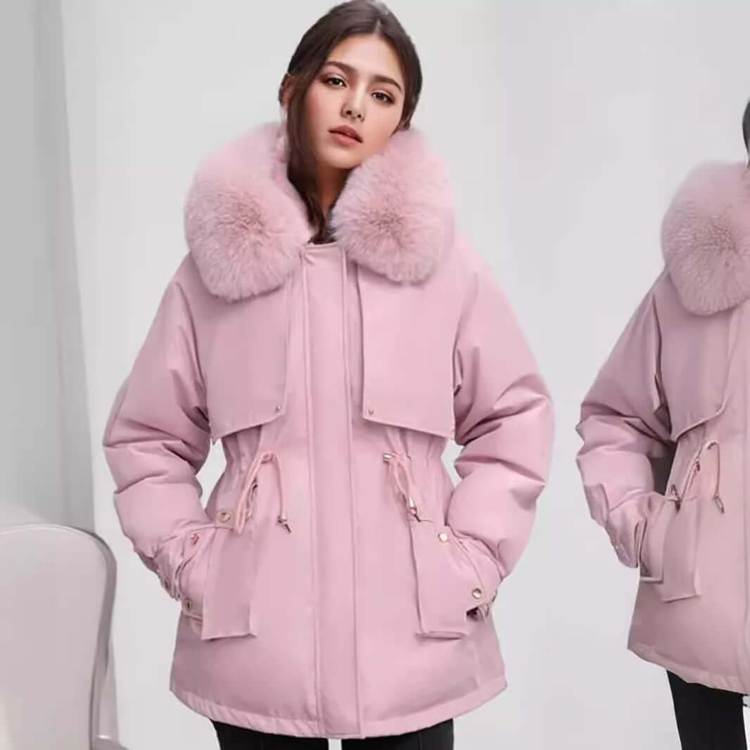 Cozy women's winter jacket with luxurious faux fur collar. Stylish outerwear for elegant ladies fashion.
