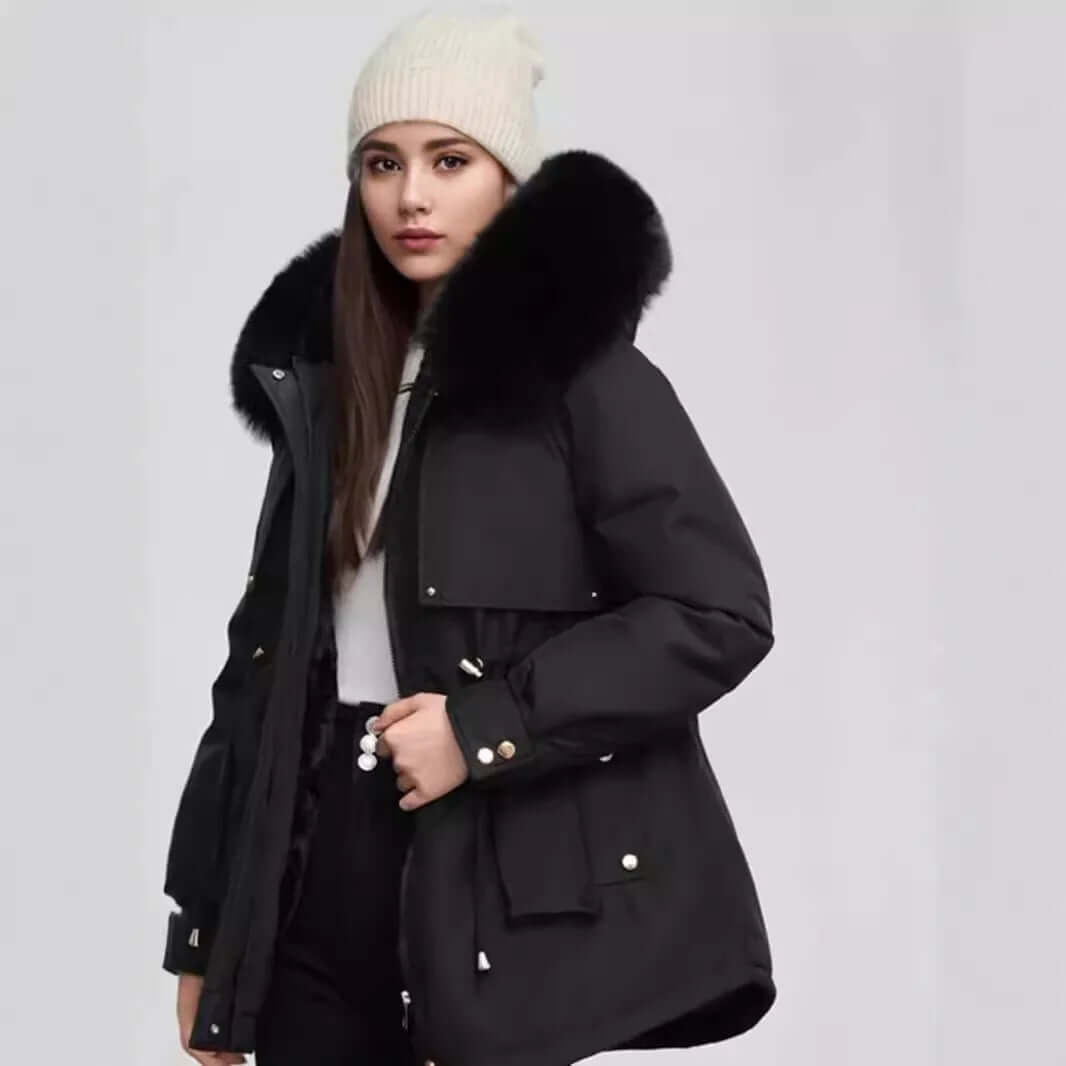 Ladies' stylish winter jacket, mid-length with a plush faux fur collar. Elegant & warm polyester outerwear.