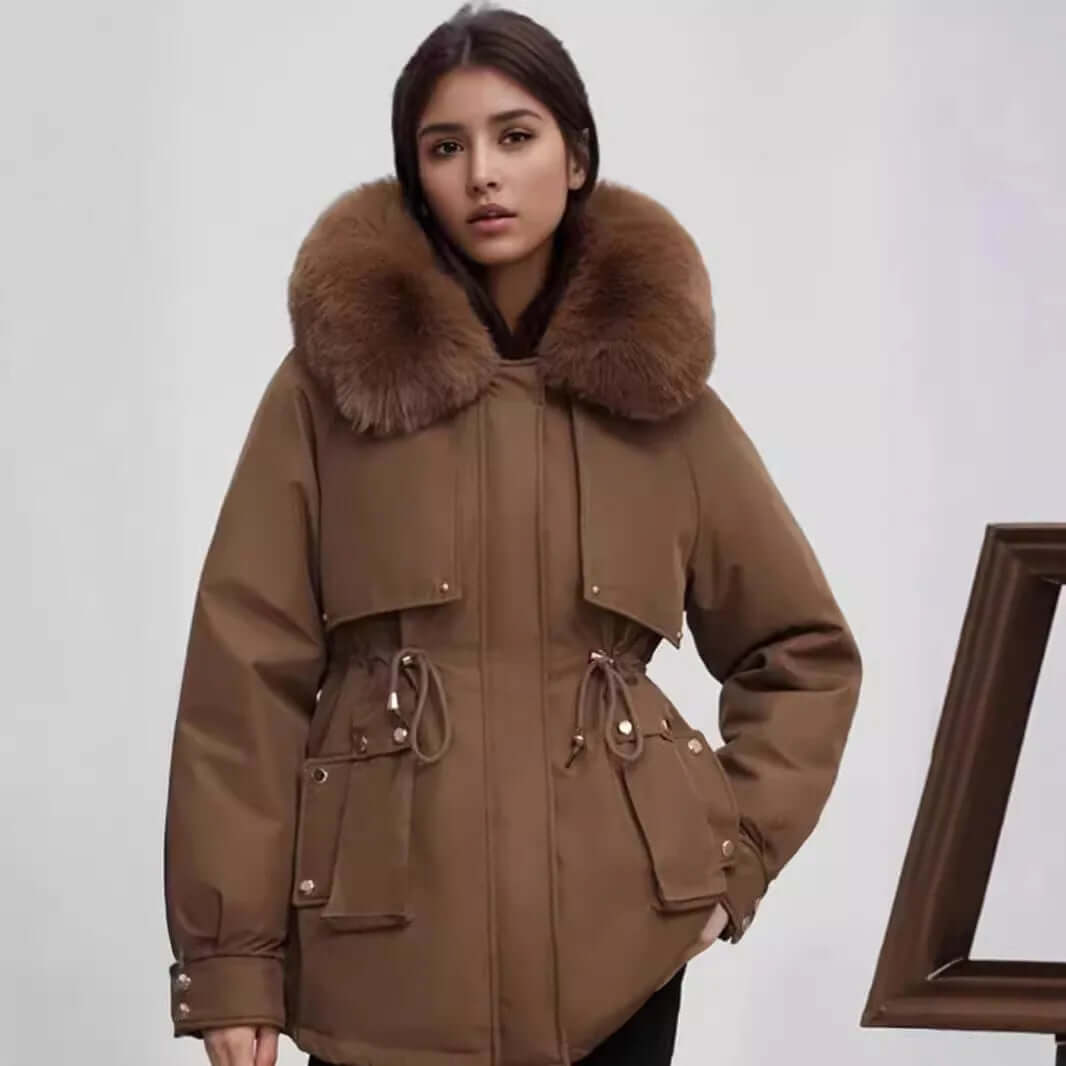 Luxurious women's winter coat, mid-length, with a cozy faux fur collar. Warm & elegant ladies fashion.