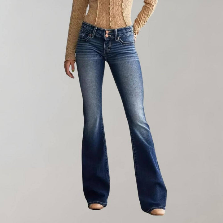 Women's mid-waist slim fit stretch flared jeans in classic blue denim.