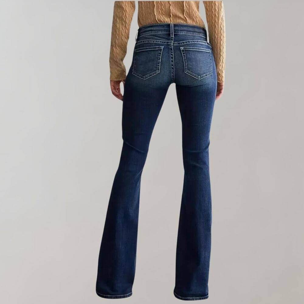 Retro-style women's stretch flared jeans with a comfortable mid-waist and slim fit design.