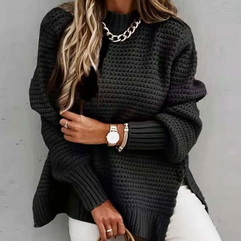 Cozy women's mock neck knitted sweater, comfortable long sleeve pullover for casual fall fashion.