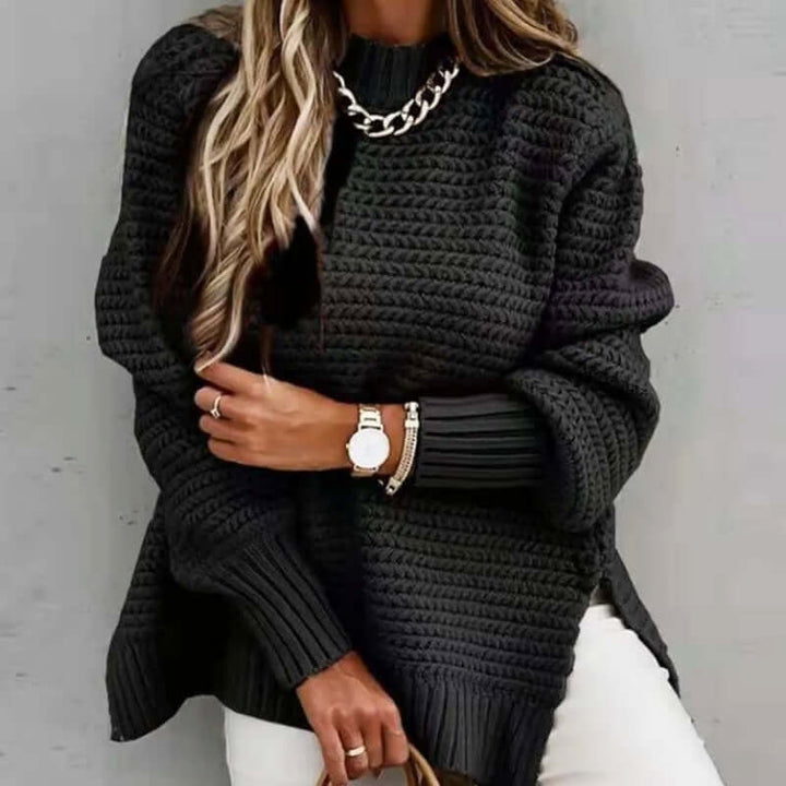 Cozy women's mock neck knitted sweater, comfortable long sleeve pullover for casual fall fashion.