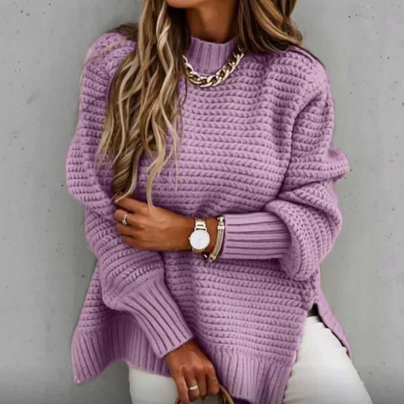 Stylish women's mock neck long sleeve knitted jumper, a versatile elegant knitwear essential for winter.