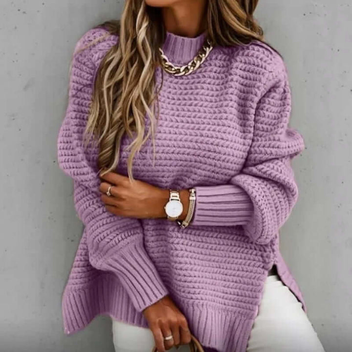 Stylish women's mock neck long sleeve knitted jumper, a versatile elegant knitwear essential for winter.