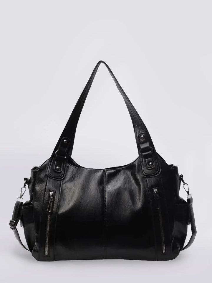 Women's multi-pocket leather shoulder bag, ideal for daily organization and style.