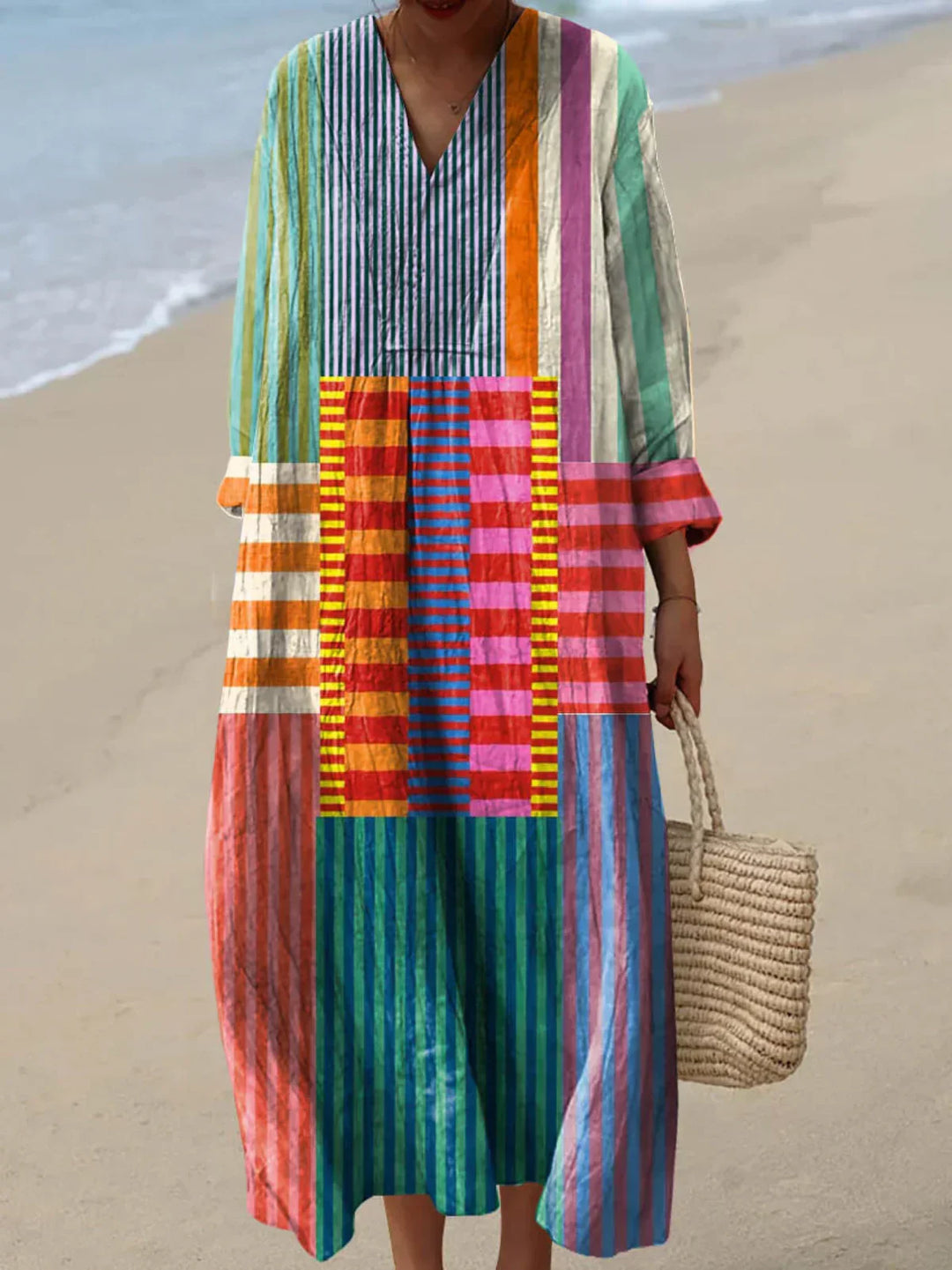 Women's multicolor flowy maxi dress for elegant summer casual wear, beach, or vacation. Comfortable & long design.