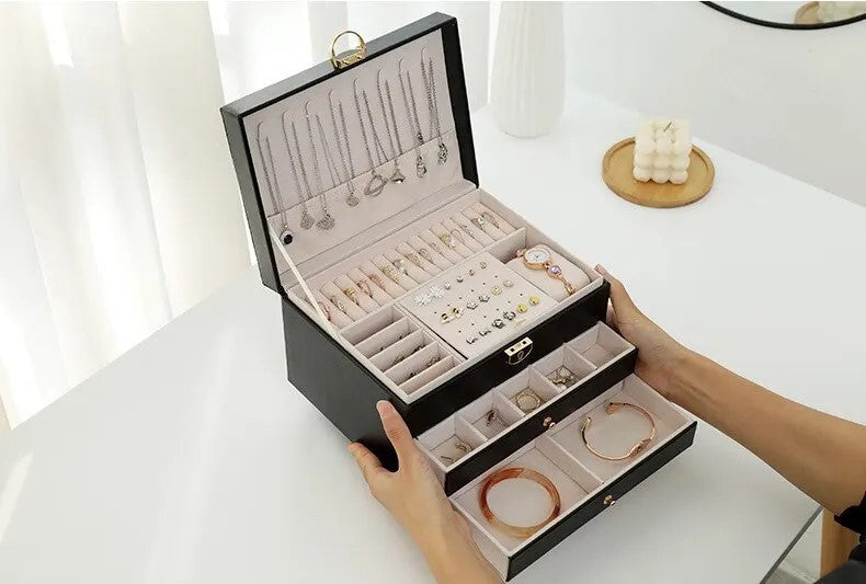 Stylish multilayer jewelry box, perfect gift for her; elegant accessory & dresser organizer.