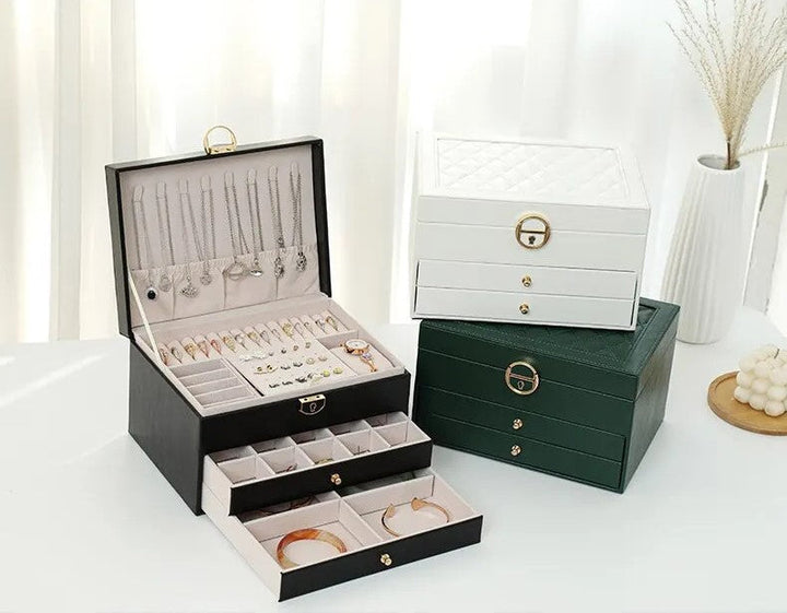 Plush velvet interior of a multilayer leather jewelry organizer, protecting precious items.
