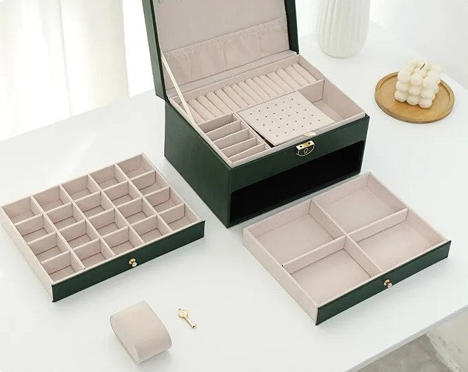 Front view of a stylish women's multilayer leather jewelry box organizer for elegant storage.