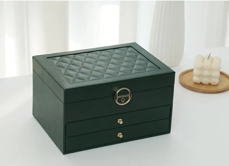 Elegant women's multilayer leather jewelry organizer, stylish dresser storage solution.
