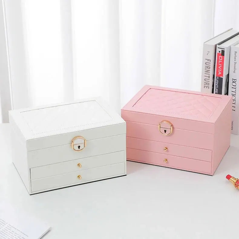 Multilayer accessory box for women, providing organized necklace, ring, earring storage.