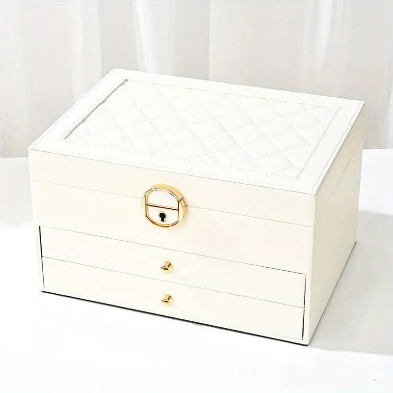 Stylish closed multilayer leather jewelry box, perfect for elegant women's storage on a dresser.