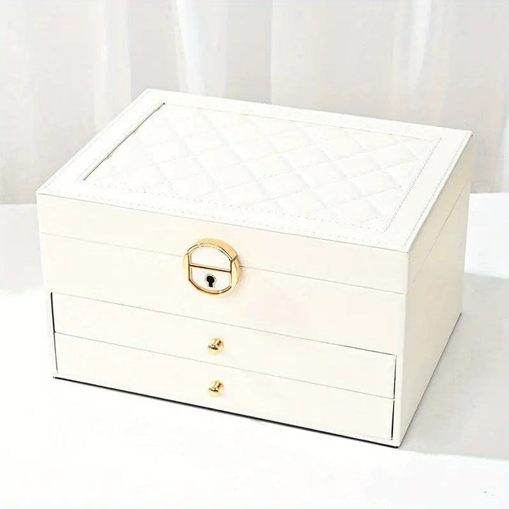Stylish closed multilayer leather jewelry box, perfect for elegant women's storage on a dresser.