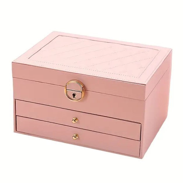 Open top layer of women's multilayer jewelry organizer, displaying ring & earring compartments.