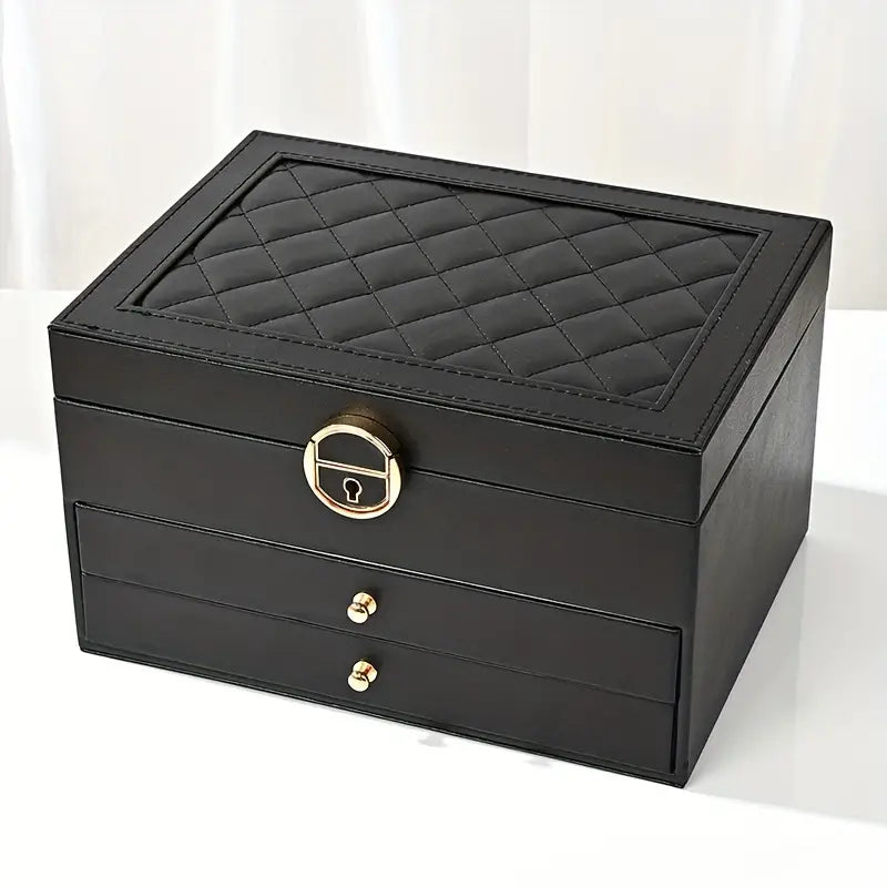 Elegant women's leather jewelry box, showcasing multiple organized layers for all accessories.