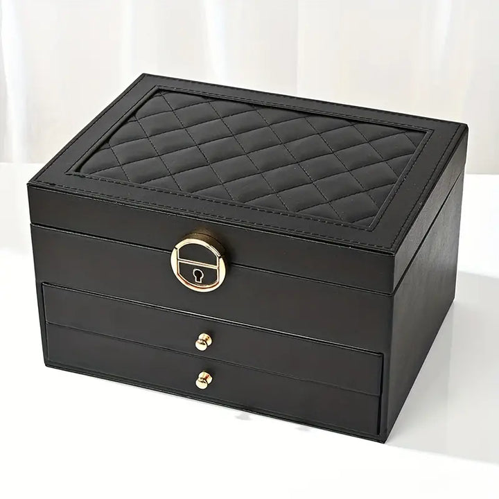 Elegant women's leather jewelry box, showcasing multiple organized layers for all accessories.