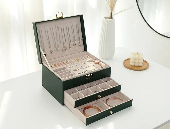 Multilayer jewelry box with dedicated necklace holder hooks & spacious chain storage.