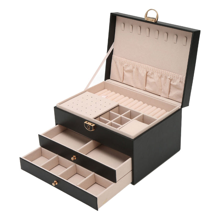 Stylish multilayer earring storage & compartments in women's leather jewelry organizer.